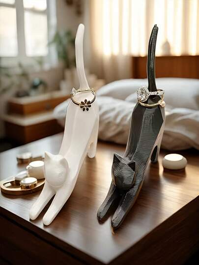 3D打印猫爪纹理黑白塑料首饰展示架，简约风格戒指托，适用于婚礼、生日派对、办公室、猫咪爱好者、收藏家桌面装饰、房间装饰