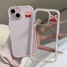 1 chiếc ốp lưng điện thoại gọng hồng trong suốt, thiết kế tối giản, chống rơi vỡ, chống va đập, họa tiết nơ hồng đỏ và quả anh đào kiểu Anh, cá nhân hóa cho iPhone 16 Pro Max, 17/16/15/14 Plus/13/12/11, Air - Nhiều màu - Xem 2