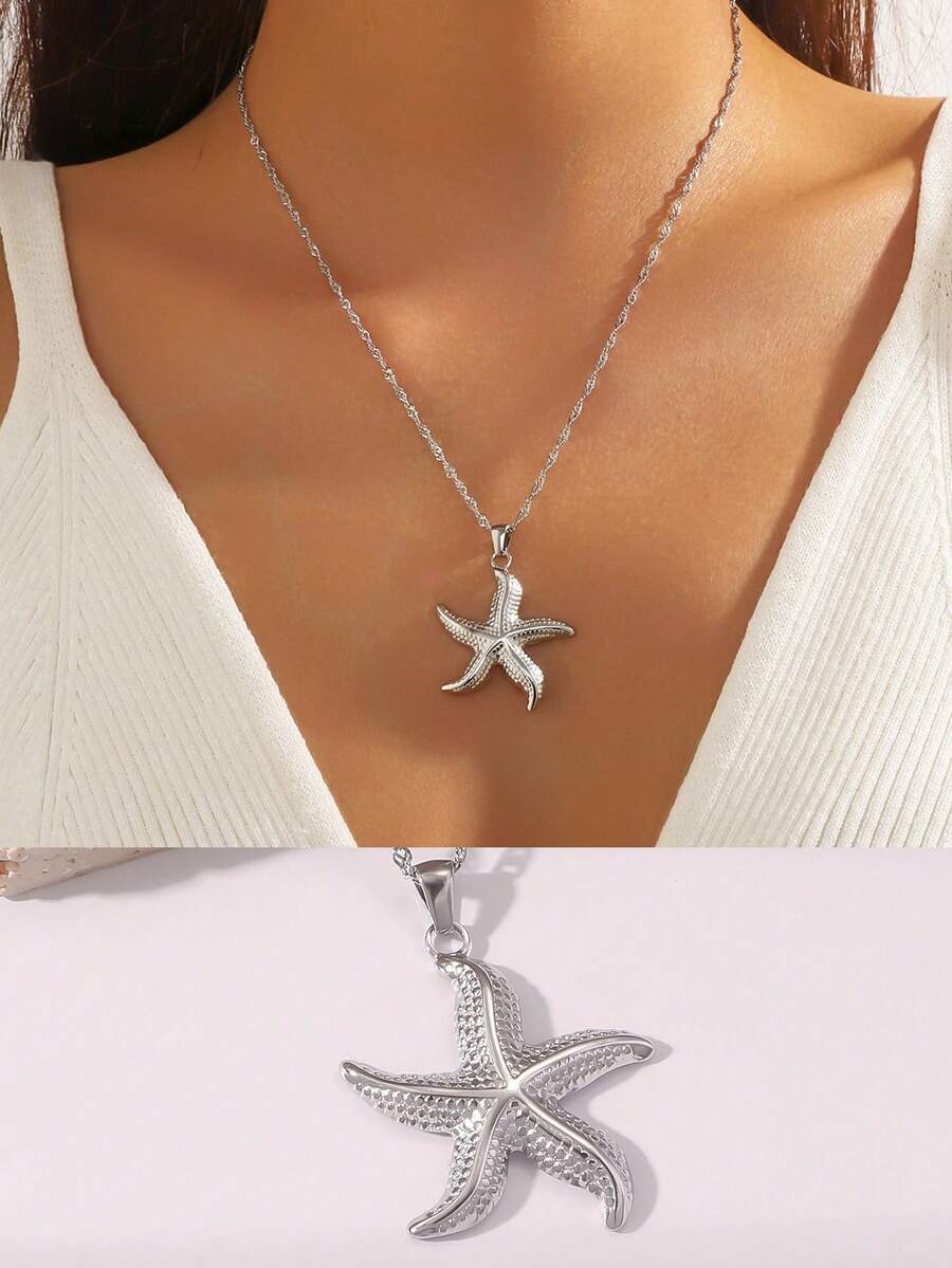 1件欧美时尚海滩度假风18K镀金不锈钢海洋系列海星吊坠项链，适合男士、女士、情侣日常佩戴、度假、派对，也可作为装饰和礼物。
