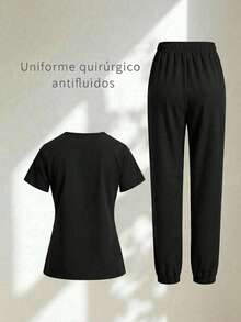 Conjunto uniforme médico quirúrgico set 2 piezas dama mujer manga corta cuello v pantalón jogger resorte cordón cómodo - Negro - Ver 2