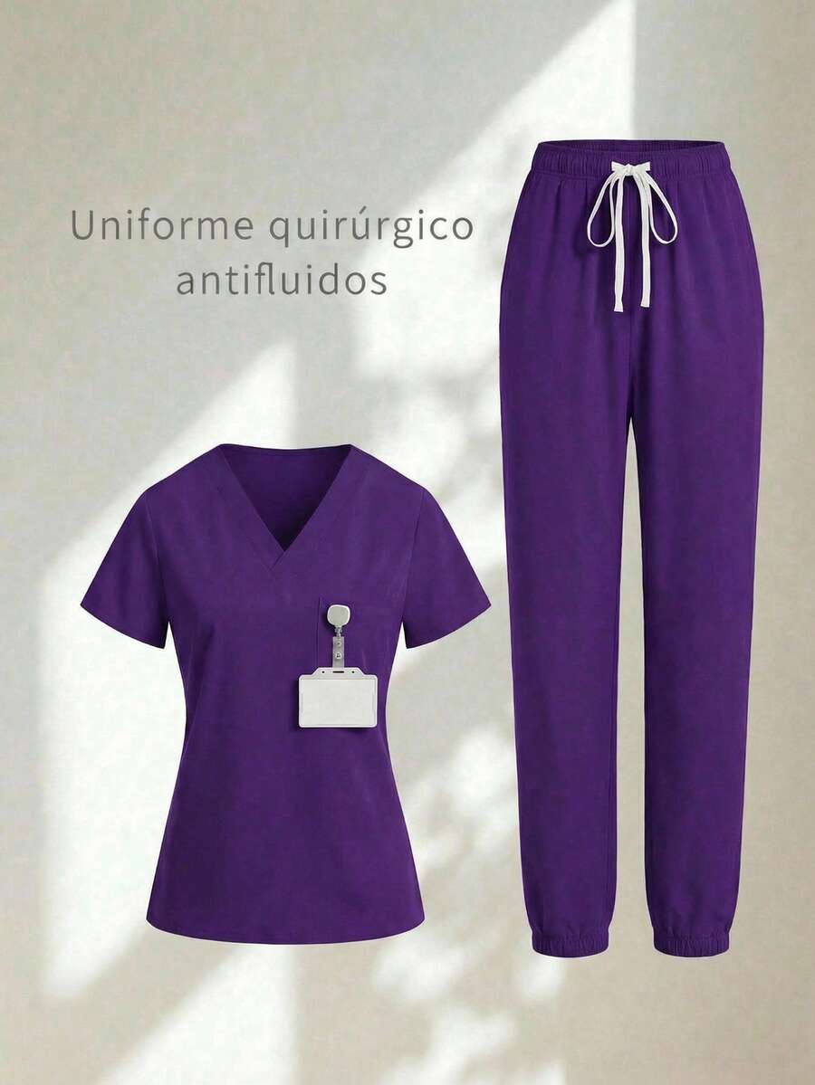 Conjunto uniforme médico quirúrgico set 2 piezas dama mujer manga corta cuello v pantalón jogger resorte cordón cómodo - Morado - Ver 1