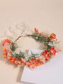 1 件女孩欧美风格仿花花环，仿褶皱花蕾玫瑰，小花蕾花环，优雅绣球花，海棠花花环，适合海滩、摄影、发饰，可调节缎带 - 彩色 - 查看 10