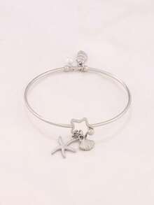 1 pieza Brazalete de acero inoxidable con colgante de concha, estrella de mar y caracol, brazalete abierto de moda con perlas y encantos del océano - pulsera - Ver 6