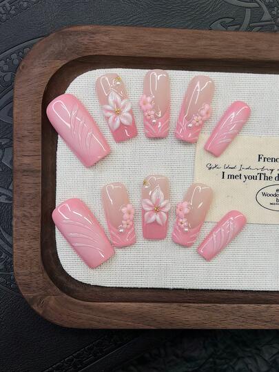 10pcs Y2K Nails Pipe-Shaped Press On Nails Set - Handcrafted, Pink Nails, Pink French Tip Nails, Handmade 3D Flower, 3D Pink Flower Nail Art. Hand Drawn 3D Water Droplet Pattern Design, Pink Little Flower And White Pearl Decoration