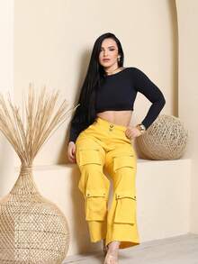 Women's Wide Leg Cargo Pants, High Waist, Tailored, Marrant Style, Palazzo Pants With 4 Utility Pockets, Premium Streetwear - 黃色 - 查看 8