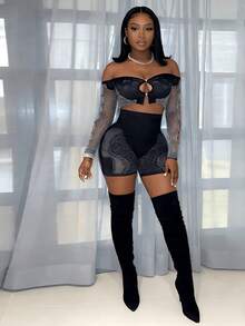 2026 Women's High-End Long-Sleeve Top And High-Waist Hollow-Out Fashion Shorts Set For Outerwear - 黑色 - 查看 3