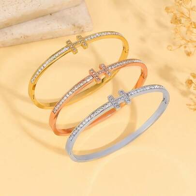 Gold-Tone Fully Zirconia H Bangle, Colorful Zirconia H Bracelet, Luxury Jewelry For New Year, Suitable For Wedding, Dating Gift, Daily Matching