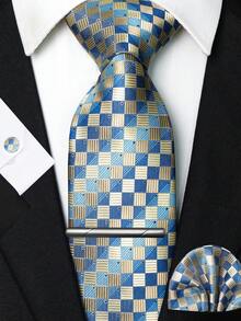1/2/3/4/5 Pcs Men's Blue Plaid Necktie, Pocket Square, Silver Tie Clip, Cufflinks And Lapel Pin Combination Set, For Workplace, Business, Meetings, Weddings - Baby Blue - View 1