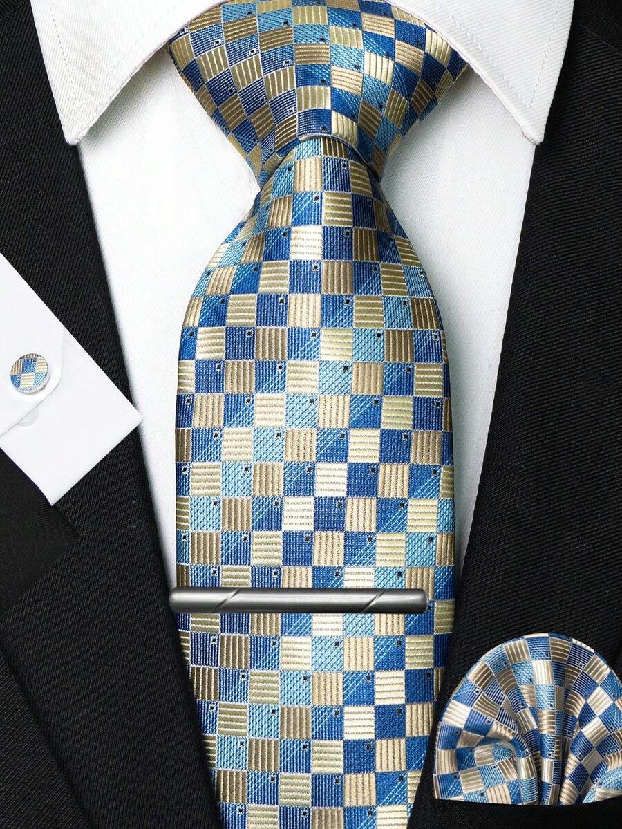 1/2/3/4/5 Pcs Men's Blue Plaid Necktie, Pocket Square, Silver Tie Clip, Cufflinks And Lapel Pin Combination Set, For Workplace, Business, Meetings, Weddings - Baby Blue - View 1
