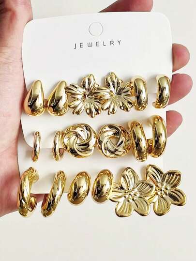 6/18pcs Asymmetrical Geometric C-Shape Floral Classic Earring Set, Fashionable CCB Earrings, Retro Chic Daily Wear Jewelry - Perfect Gift For Party, Date, Holiday