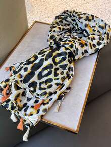 1pc Women's Lightweight Chiffon Scarf, Korean Style Leopard Print Pattern, Versatile Beach Shawl, Sun Protection Wrap - Yellow - View 5