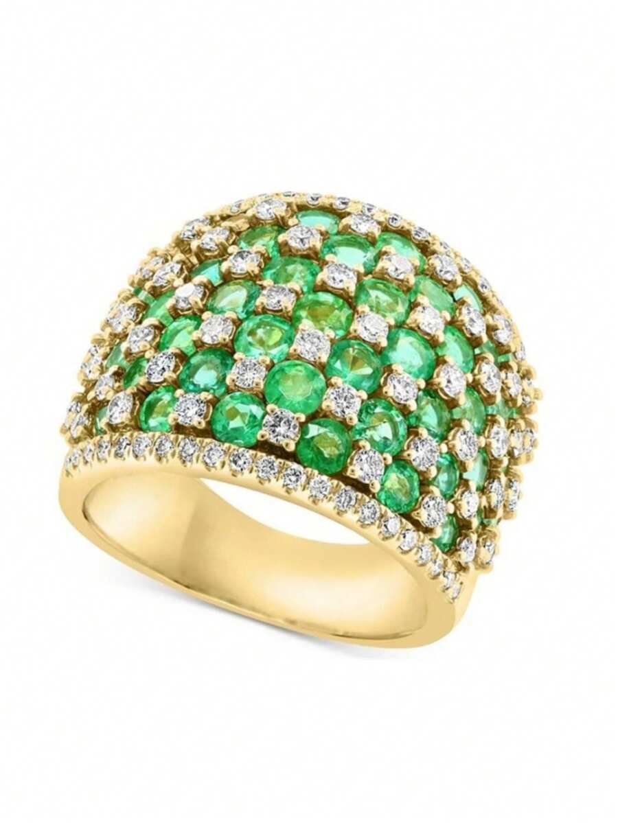 奢华复古金色铜质宽戒圈戒指，镶嵌闪亮绿色合成锆石，优雅永恒的女士戒指，完美贴合 - 綠色 - 查看 1