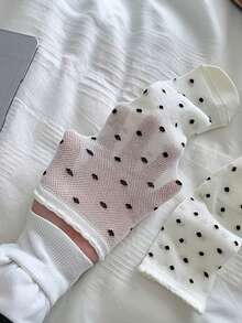 4 Pairs Ballet Style Ruffle Socks - Summer Thin Mid-Calf Socks, Quick Dry, Mesh Hollow Design, Bow/Polka Dot Socks, Elegant Ruffle Socks - Multicolor - View 3