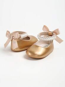 Sepatu Flat Mary Jane untuk Bayi Perempuan Baru Lahir, Dekorasi Pita, Sol Lembut Anti Selip, Sepatu Bayi Pra-berjalan dari Kulit PU, Pita Mutiara - Emas - View 3
