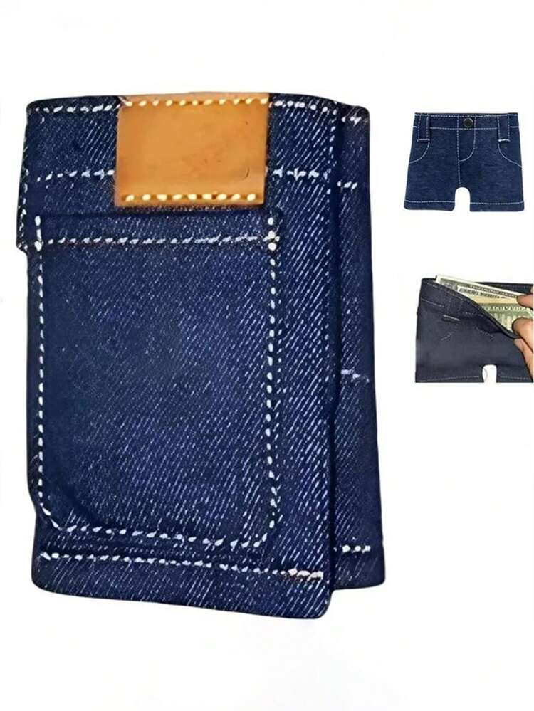 1pc Foldable Blue Denim Mini Wallet Jeans Style With Two Back Pockets, Card Holder Coin Purse Unisex, Novelty Gift For Men Women - View 3