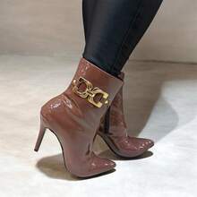 Short, Shiny Patent Leather Boot With A 10 Cm Stiletto Heel. - Rust Brown - View 2