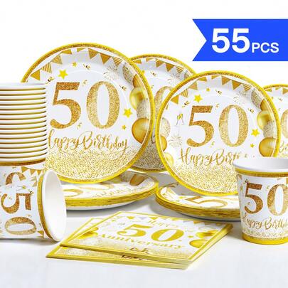 50th Birthday Gold Balloons Disposable Plates Napkins Cups, One-Time Party Supplies Set For 10 Guests, Disposable Paper Plates Party Tableware Suitable For Birthday Wedding Theme Party Family Picnic
