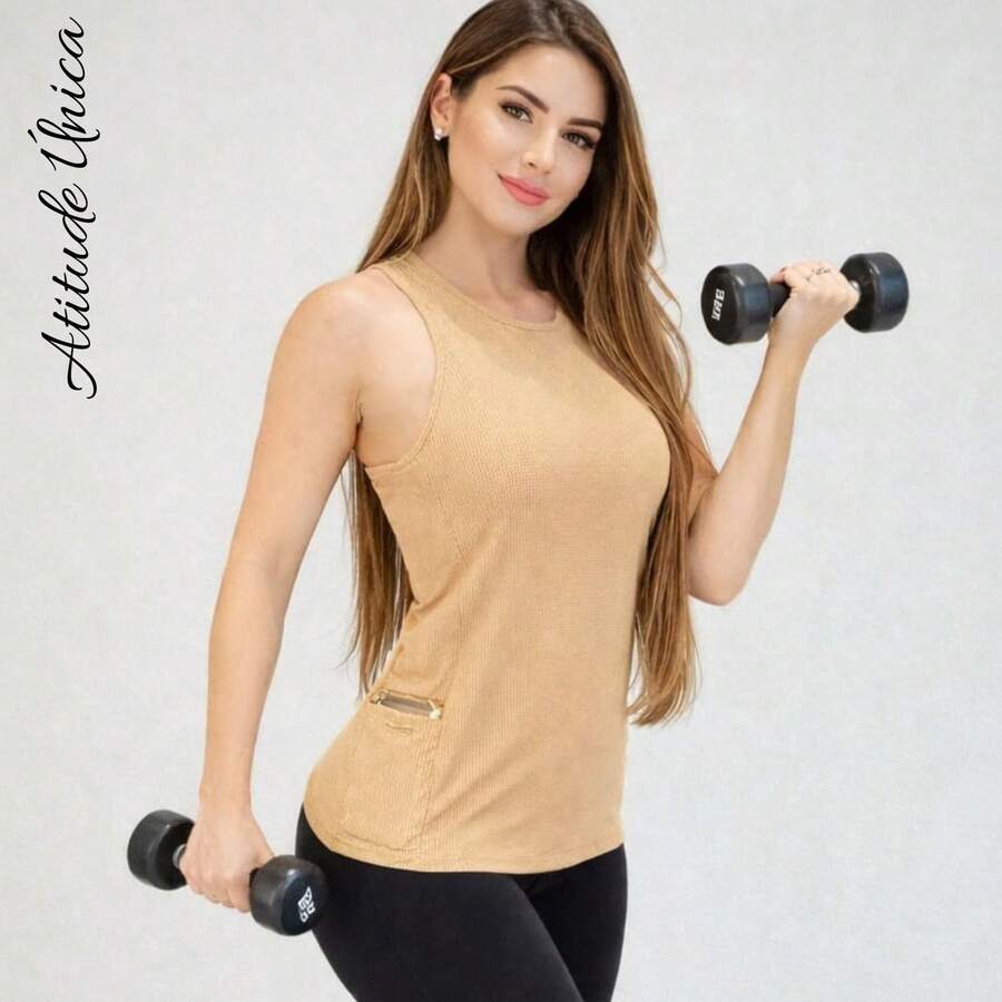 Women's Dry Fit Tank Top With Side Pocket } Gym Tops Butt Cover Tulle T-Shirt Top T-Shirts Baby Look Leggings Fitness - 米色 - 查看 1