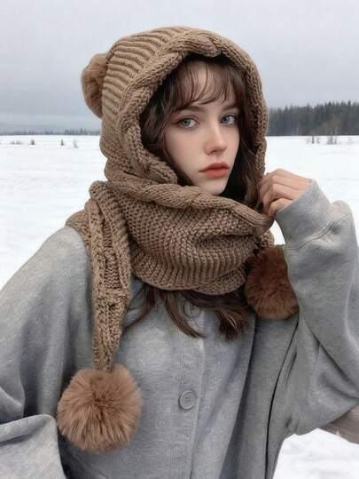 Women's Scarf With Attached Hat, Versatile Autumn/Winter Knitted Hat With Cute Pom Pom, Ear Warmer, Thick And Warm