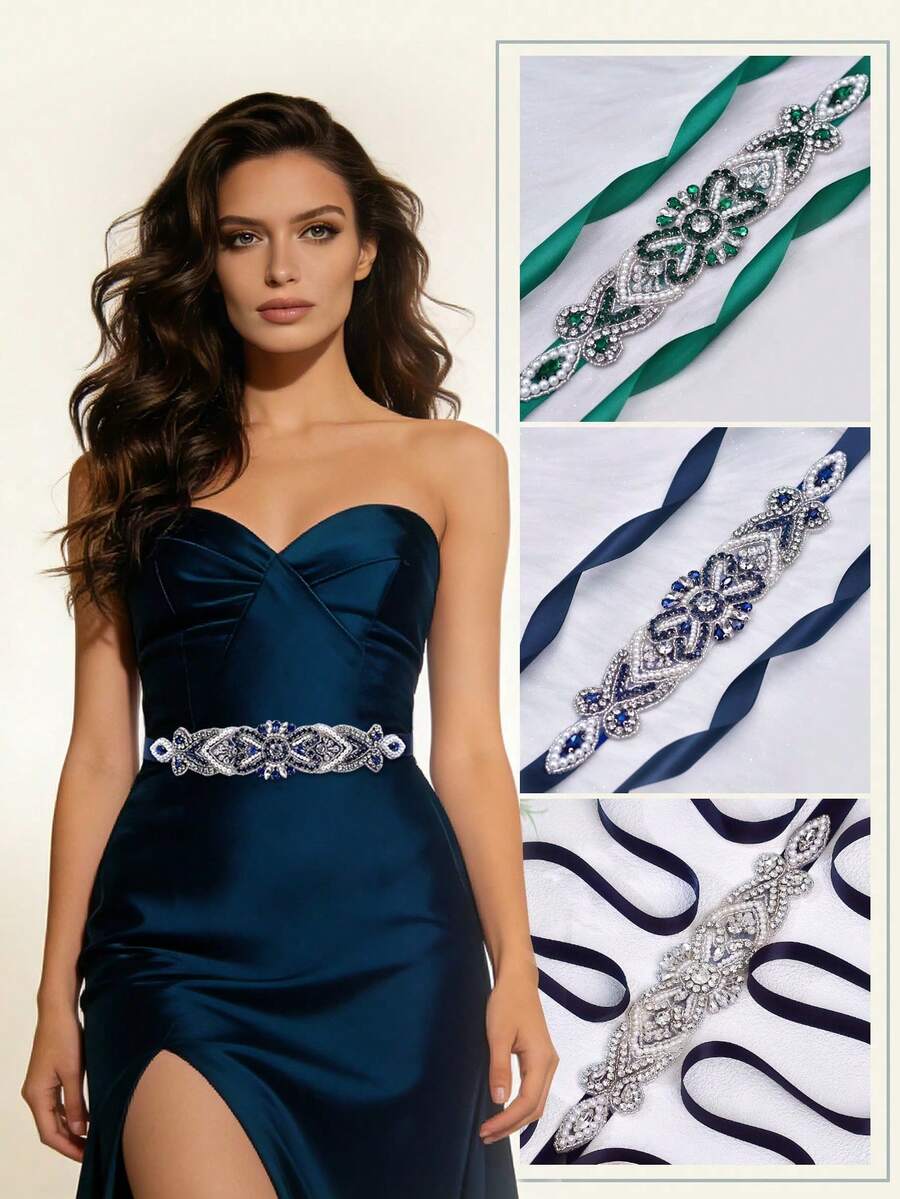 One Piece Handcrafted Rhinestone-Encrusted Luxury Wedding Belt, Exquisite And Sparkling Crystal Belt, Sturdy , Suitable For Weddings, Parties, Proms, Evening Gowns, Annual Meetings, And Various Other Occasions. - Silver + Black Ribbon - View 1