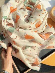 1pc Cute Cat Print Scarf, Large Shawl For Spring/Summer Outings, Sun Protection Beach Wrap, Lightweight Chiffon - Beige - View 5