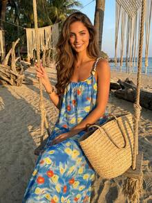 2026 Summer New Arrival French Elegant Gradient Loose Midi Beach Dress, Exclusive Travel Style Spaghetti Strap Dress For Women - Blue - View 1