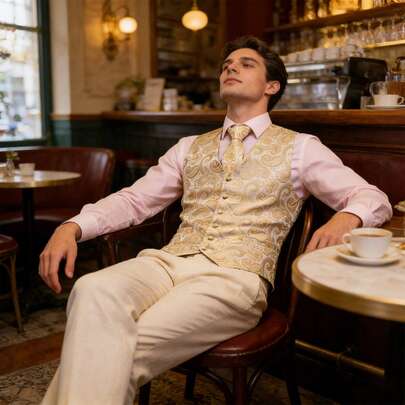 Men's Fashion Party Banquet Gold Paisley Print Suit Vest With Tie, Scarf, And Buttons