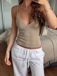 Áo hai dây dệt kim gân vàng ánh kim dành cho nữ, kiểu dáng thường ngày, thời trang ôm sát, thích hợp mặc đi dự tiệc, chất liệu sợi ánh kim. - Lạc đà - Xem 1