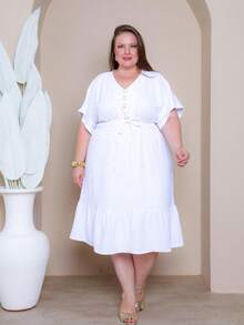 Batwing Dress Plus Size Midi Short Sleeve Duna Fabric Size U/G1 Fits Sizes 44 To 50 With Front Buttons Elegant Fashion Simple Casual Stylish Party Hem With Ruffle Buttons At The Front Knot Wedding - 白色線條 - 查看 3