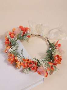 1 件女孩欧美风格仿花花环，仿褶皱花蕾玫瑰，小花蕾花环，优雅绣球花，海棠花花环，适合海滩、摄影、发饰，可调节缎带 - 彩色 - 查看 18