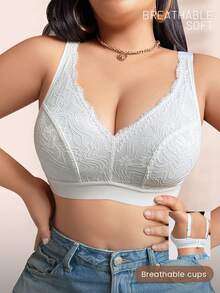 Sujetador sin aros de encaje para mujer de talla grande, con cierre trasero, que levanta y da forma, cómodo y transpirable, con soporte - Blanco - Ver 1