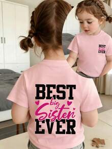 Camiseta de cuello redondo de manga corta con estampado gráfico informal para niña, top de verano - Rosa - Ver 3