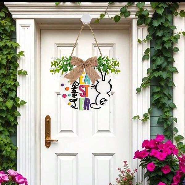 Colorful Happy Easter 2D Door Hanger With Bunny Ears - Festive Spring Wreath & Sign, Farmhouse Home Decor, Ideal Housewarming Gift, Wooden, Easy Door Installation, Door Hanging Decor