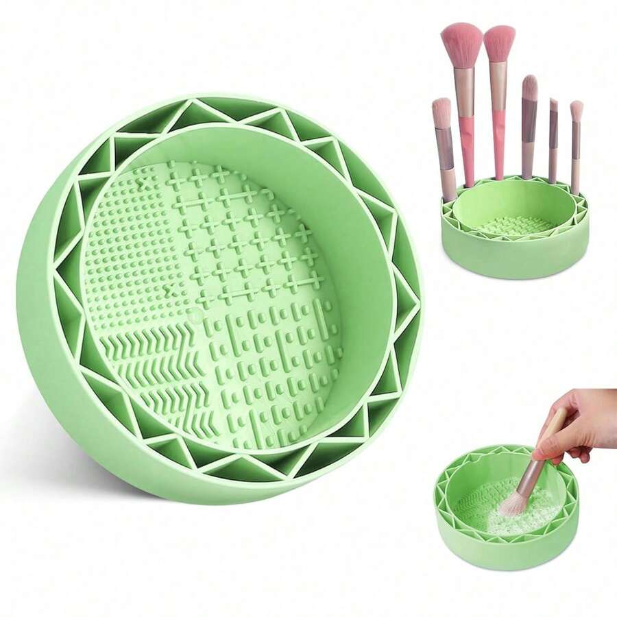 Esponja de silicona verde para limpiar brochas de maquillaje con bandeja de drenaje, limpiador de brochas de maquillaje, esponja para lavar platos - color sólido - Ver 1