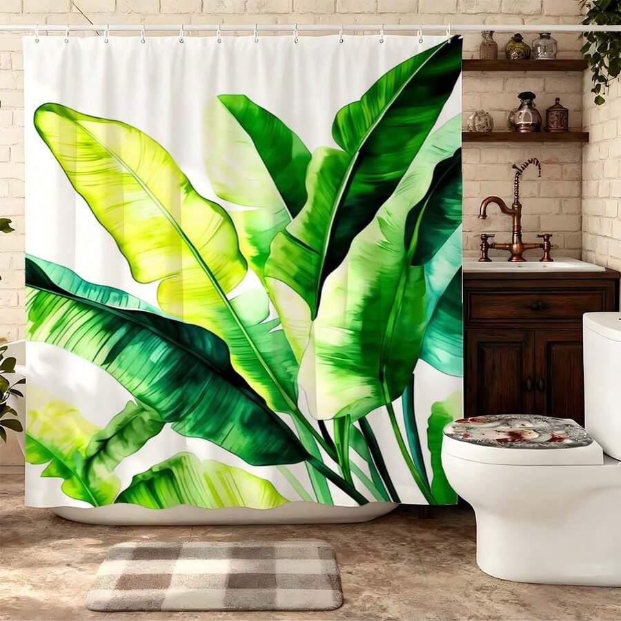 Tenda da doccia in stile acquerello con foglie di banana, foglie di palma tropicali verdi su sfondo bianco, tenda da doccia impermeabile in poliestere con ganci, decorazione da bagno bohémien tropicale per la casa, accessorio da bagno in stile vacanza estiva - Verde smeraldo - Visualizzare 1