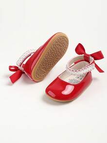 Newborn Baby Girls' Mary Jane Flats, Bow Decor, Non-Slip Soft Bottom PU Leather Infant Prewalker Shoes, Pearl Ribbon - Red - View 9