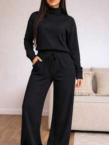 Comfy Set: Wide Leg Palazzo Pants With High Neck Blouse, Ruffle Detail, Casual Style With Pocket And Drawstring - Fashion 2026 - Black - View 1