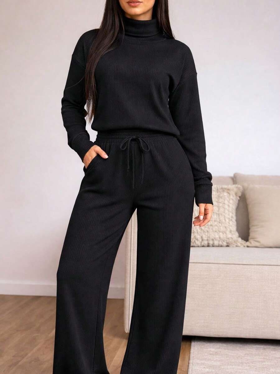 Comfy Set: Wide Leg Palazzo Pants With High Neck Blouse, Ruffle Detail, Casual Style With Pocket And Drawstring - Fashion 2026 - Black - View 1