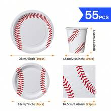 55/25/10pcs Baseball Theme Disposable Plates Napkins Cups, Disposable Party Supplies Set, Suitable For 10 Guests, Disposable Paper Plates Party Tableware Suitable For Birthday Wedding Theme Party Family Picnic - Style 3 - View 2