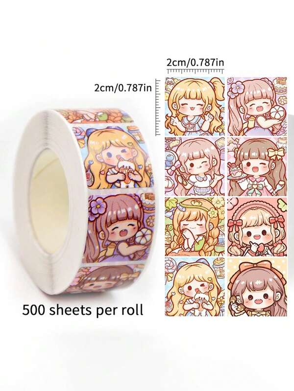 1 rollo de hojas de pegatinas de niña de dibujos animados, pegatinas redondas de sellado hechas a mano de anime