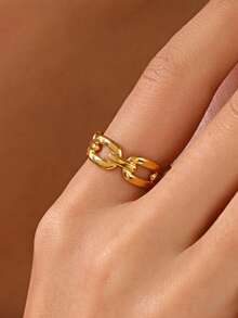 1pc 18K Gold Plated Stainless Steel Geometric Ellipse Open Ring, Suitable For Women's Daily, Party Wear, Holiday Gift - Gold - View 2