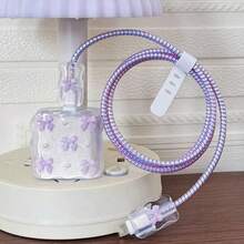 Bộ bảo vệ cáp sạc màu tím thắt nơ trắng, 20W/18W, thiết kế ngọc trai giả màu tím và trắng, bao gồm bảo vệ cáp sạc và đầu sạc, tương thích với bộ sạc Apple. Quà tặng dành cho nữ. - Màu tím hoa cà - Xem 5