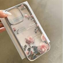 Capa de Telefone com Elementos Florais Rosa Minimalistas Eletroplateados Transparentes, 1 Peça, Proteção de Lente da Moda Anti-Queda Anti-Colisão, Padrão Vibrante de Flor de Pessegueiro, Personalizada Compatível com iPhone 16 Pro Max, 17/16/15/14 Plus, 13/12/11, Presente de Aniversário de Primavera - Multicolorido - Visão 3