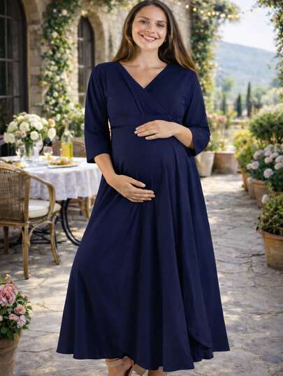 Vestido maternidad largo elegante para dama mujer ropa embarazo ropa para embarazada juvenil moderna suave evento baby shower de noche embarazada cruzado manga media cuello v cruzado corte amplio fresco ligero diario cena cita sesion de fotos calle femenino bohemio elegante outfit primavera verano otoño invierno posparto