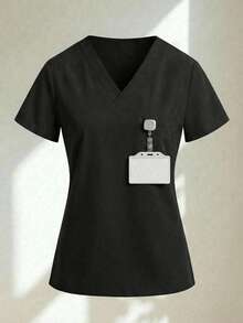 Conjunto uniforme médico quirúrgico set 2 piezas dama mujer manga corta cuello v pantalón jogger resorte cordón cómodo - Negro - Ver 3