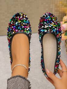 1 Pasang Sepatu Balet Elegan dengan Hiasan Payet Pelangi untuk Wanita, Cocok untuk Pesta Liburan - Hitam - View 15