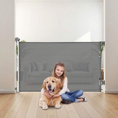 Retractable Baby Gate, Extends To 57 Inch Wide, 38.5 Inch Tall, With Security Lock, Easy To Use, Walk Through Without Tripping, Mesh Dog Gate For Stairs, Hallways, Indoor/Outdoor, Gray