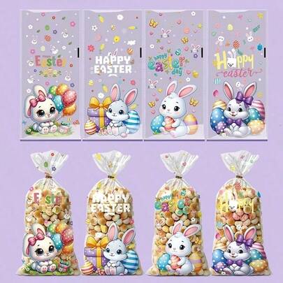 50个卡通兔子复活节礼品袋，可爱兔子造型，金色抽绳，适合用作派对回礼和礼品包装