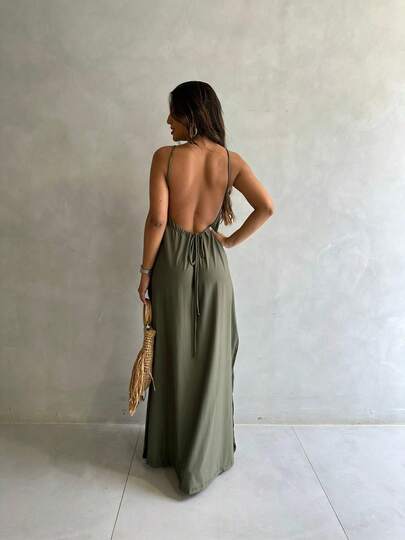 Tecido de malha    Costas nuas / sem costas  Abertura lateral    Vestido  Férias  Diário