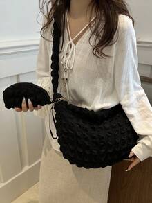 Fashionable Ruffle Cloud Shaped Crossbody Bag - Black - View 2